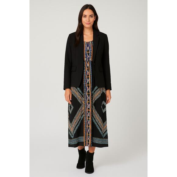 Bailey Blue Maxi Dress L Tribal Geometric Print Black Boho Fall Style - Picture 1 of 7
